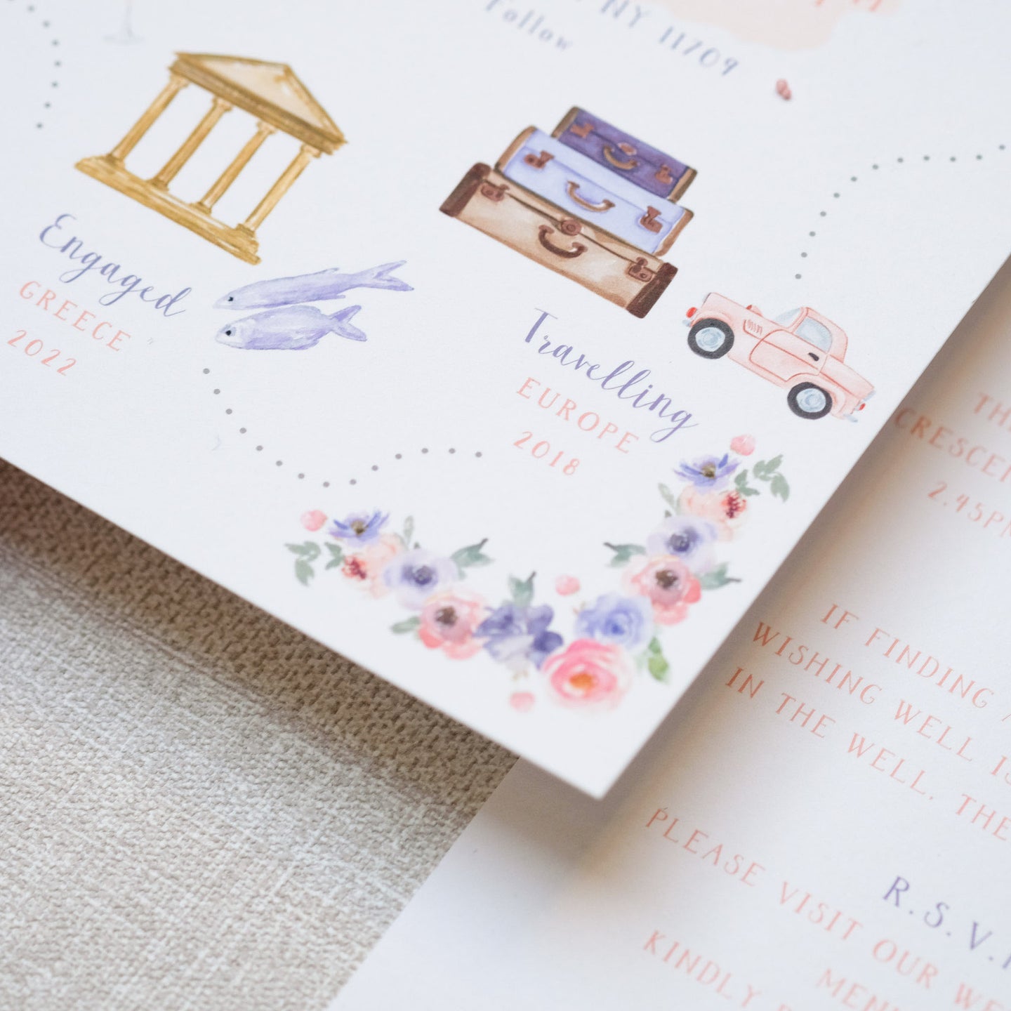 Lilac and pink theme wedding invitations with bespoke illustrated story of your relationship and key milestones, custom venue illustration on wedding details card